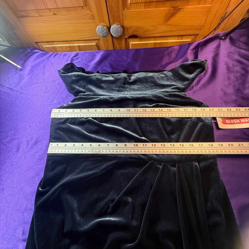 NEW📌Blush Mark French Blue Velvet Off-the-Shoulder Midi Many Occasions Dress - Picture 12 of 16